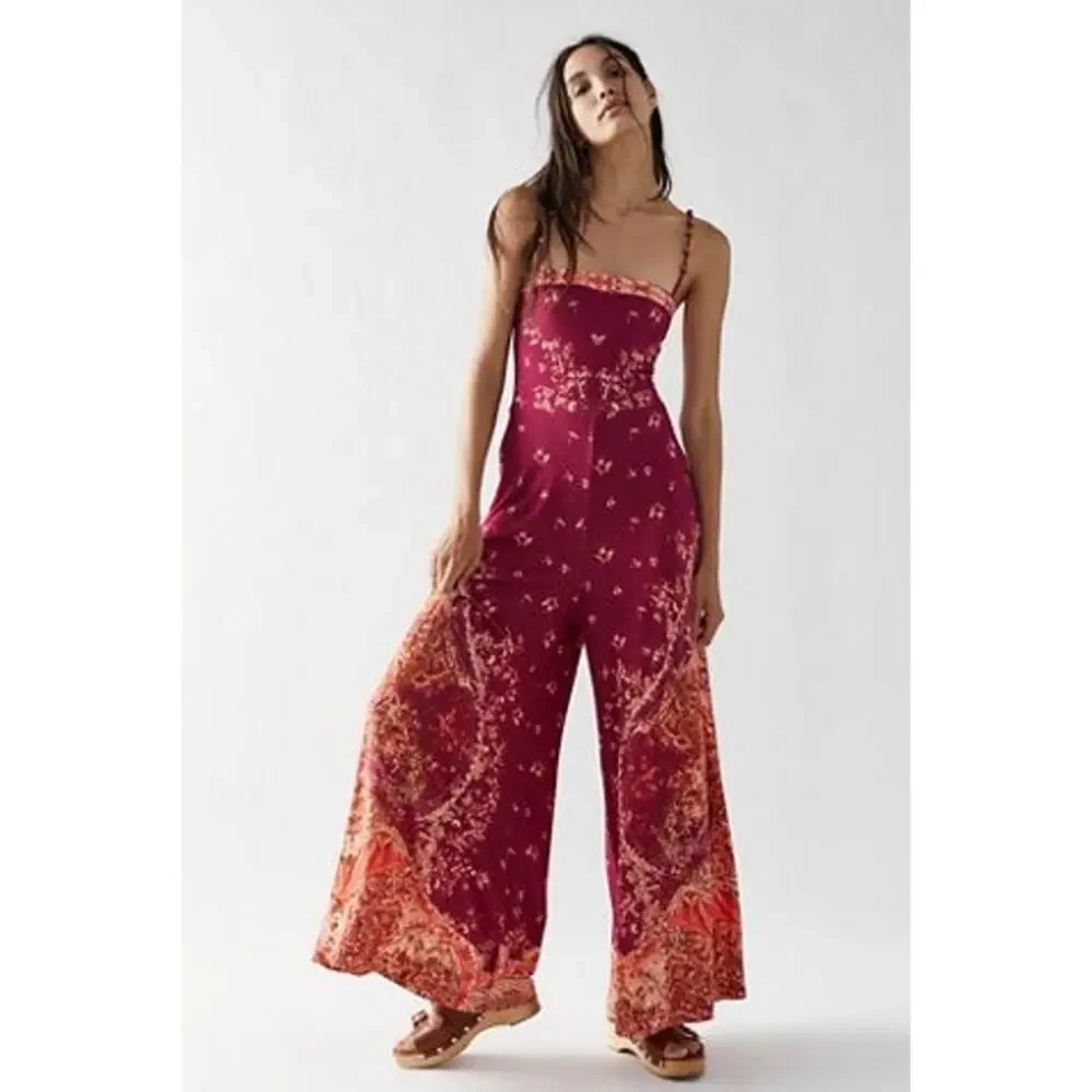 New Free People Astrid Wide Leg Jumpsuit $288 X-SMALL Bohemian Raspberry